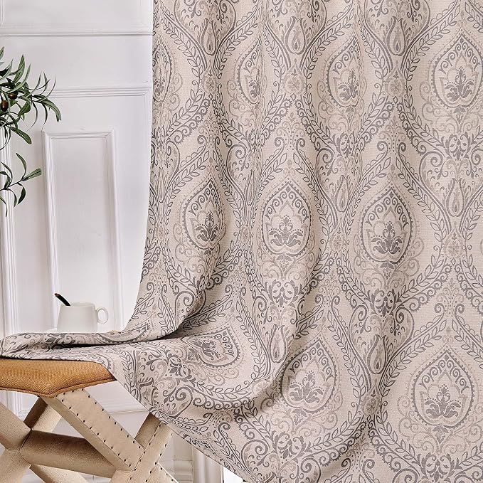Grey Paisley Linen Textured Curtains 63 in Vintage Grommet 2 Panels | Room - Image 9