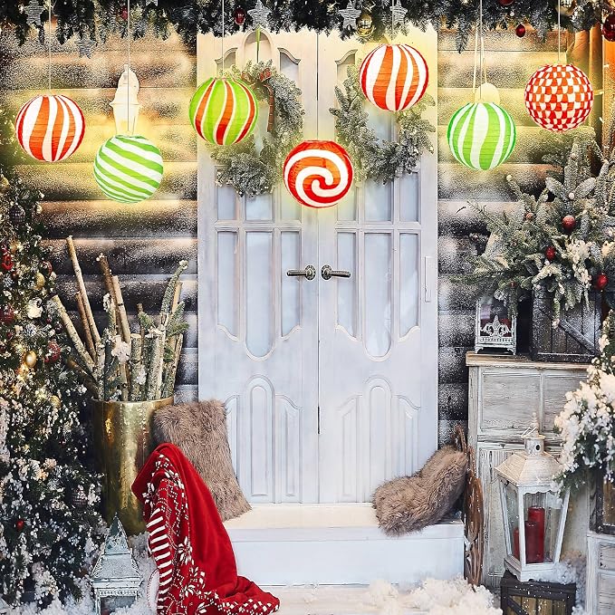 Panelee 12 Pcs Christmas Peppermint Paper Lanterns 8 Inch Red Green White Candy - Image 4
