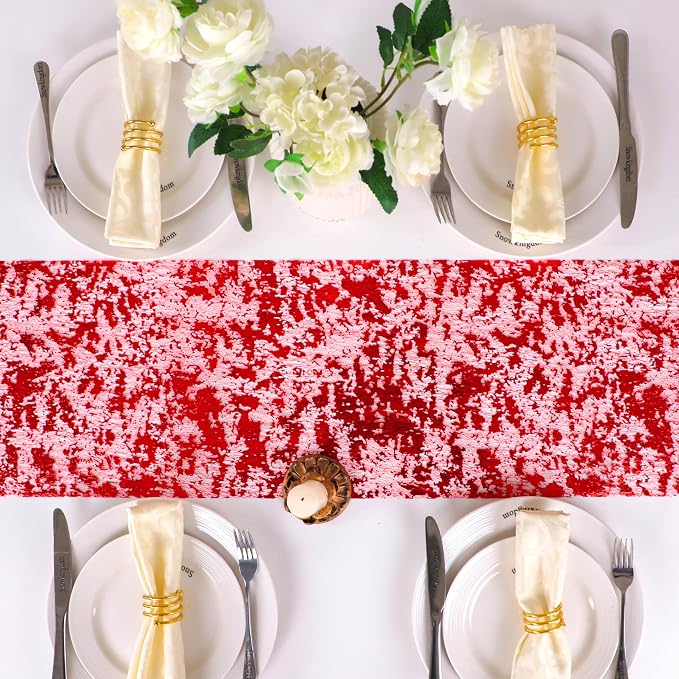 Snowkingdom Red Sparkly Table Runner Sequin Glitter Metallic Foil Mesh Runner - Image 5