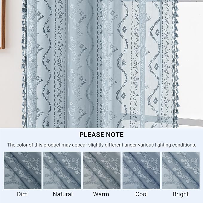 WAZZIO Boho Lace Curtains 2 Panels 63 Inch -Victorian Sheer Panel Drape French - Image 8