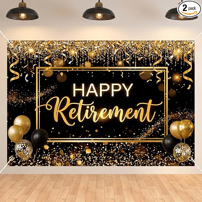 Happy Retirement Backdrop 59x39in Black Gold Party Banner | Washable polyester by Jenlion
