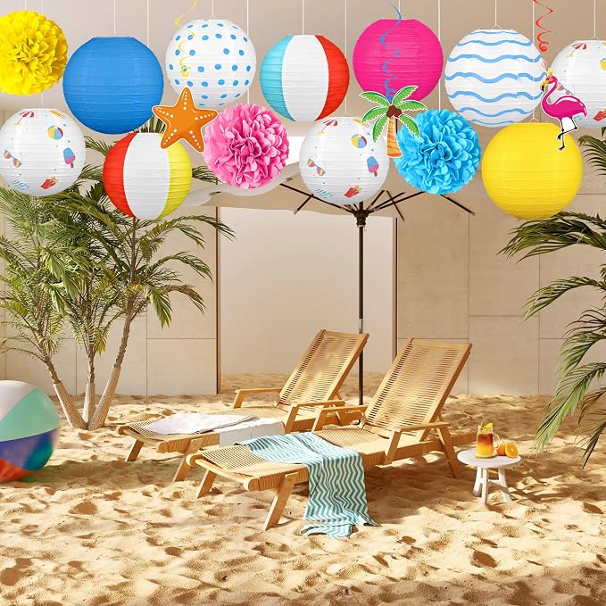 16Pcs Summer Party Decorations Paper Lanterns Pom Poms Hanging Swirls - Image 7