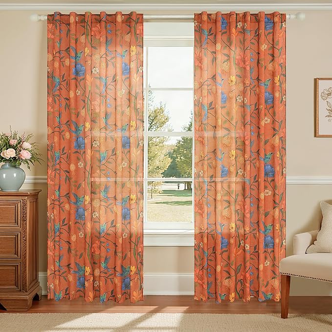 Terracotta Floral Linen Curtains, Boho Whimsical Bird Print Curtains by JOOJA