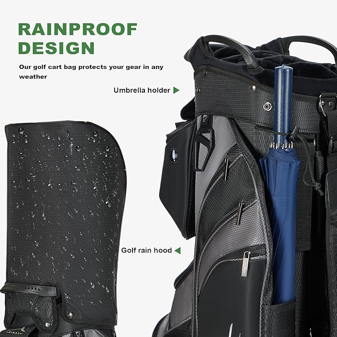 14-Way Golf Cart Bag with Full Length Divider, Premium PU Leather Golf Bag with Plush Top, Magnetic Pocket and Rain Cover for Men