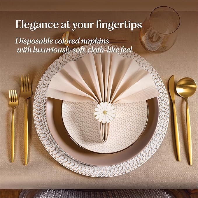 200-Pack Disposable Linen-Feel Caramel Napkins, 12" x 17" Cloth-Like Paper Dinner Napkins For Wedding, Bathroom, Party Or Event