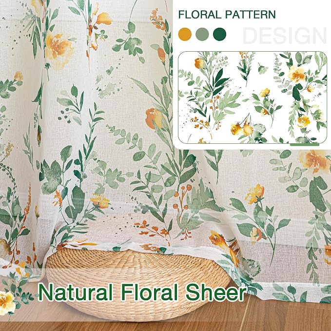 MYSKY HOME Green Sheer Floral Curtains 102 Inch Length - Image 6