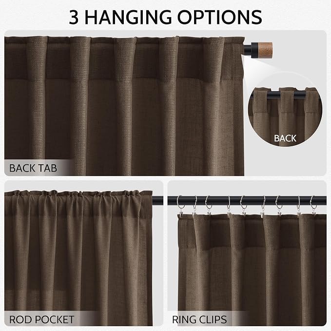 Chocolate Linen Blend Light Filtering Back Tab Curtains 108 Inches Long - Image 3