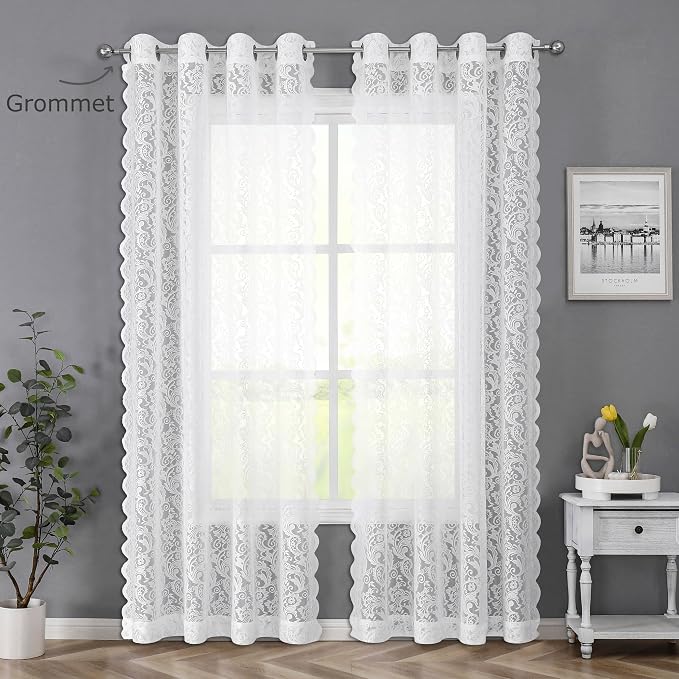 Bujasso White Lace Sheer Curtains 108 inch Vintage Floral Sheer Window Curtain - Image 6