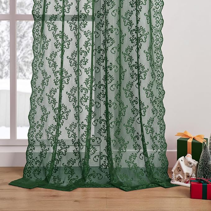 FOLKSIDE Dark Green Lace Curtains 63 Inch Length 2 Panels Paisley Floral Lace - Image 4