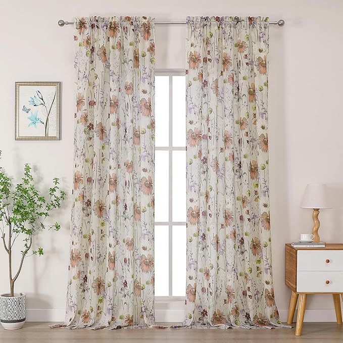 Printed Sheer Curtains 108 Inches Extra Long 2 Panels Set, Sheer Floral by OWENIE