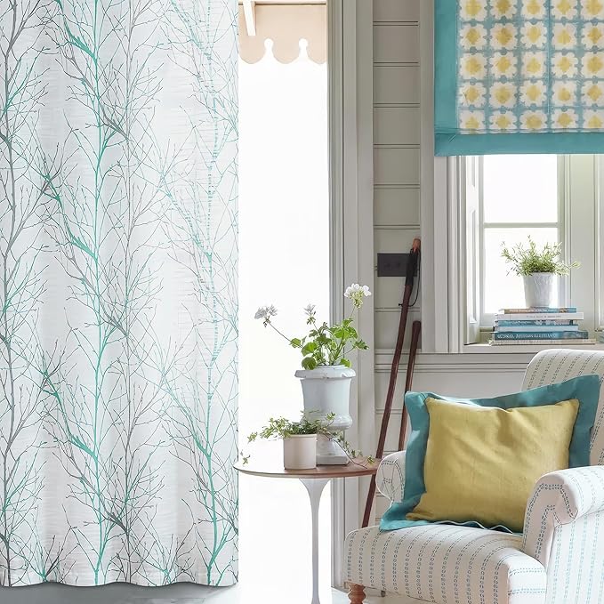 FMFUNCTEX Linen Aqua Blue White Semi Sheer Print Curtains 63 Inch 2 Panels | - Image 5