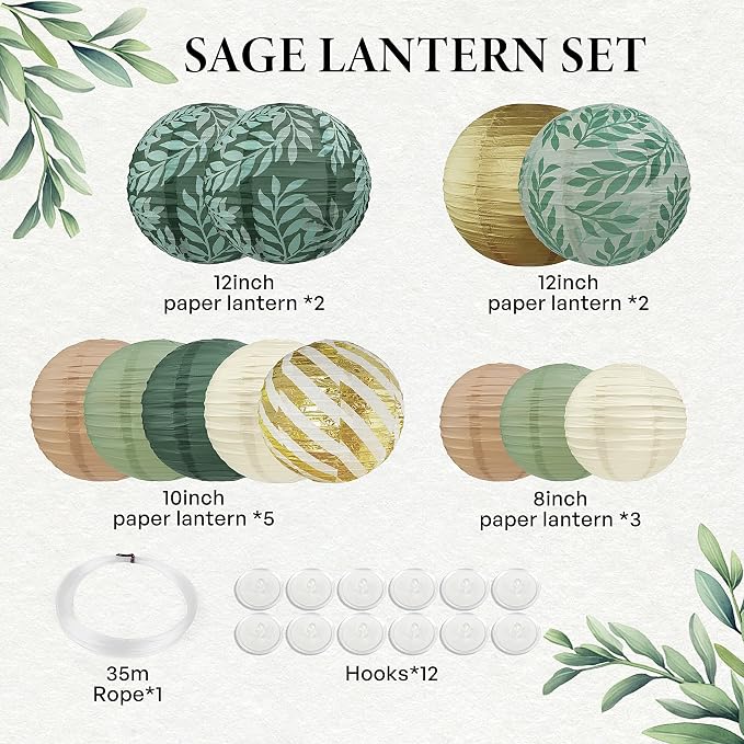 12PCS Sage Green Paper Lanterns Hanging Forest Party Decor | Sage Green and - Image 3