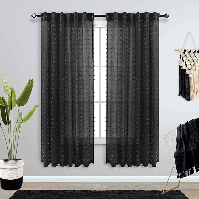 KOUFALL Black Curtains for Window Bedroom 63 Inch Length 2 Panels Set Lace Pom - Image 2