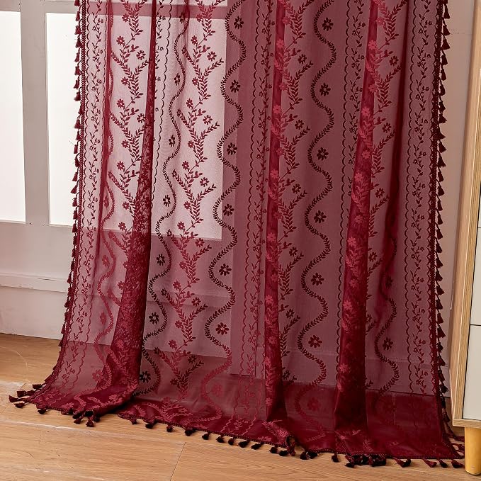 WAZZIO Boho Lace Curtains 2 Panels 84 Inch -Victorian Sheer Panel Drape French by WAZZIO