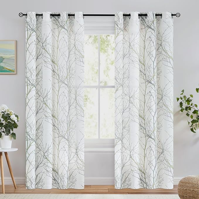 FMFUNCTEX Linen Sage Green White Semi Sheer Print Curtains 84 Inch 2 Panels | - Image 2