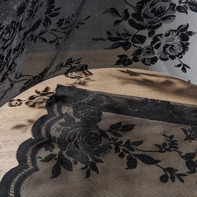 Black Lace Curtains 90 Inches Long 2 Panels Vintage Gothic Floral Lace Curtains - Image 7