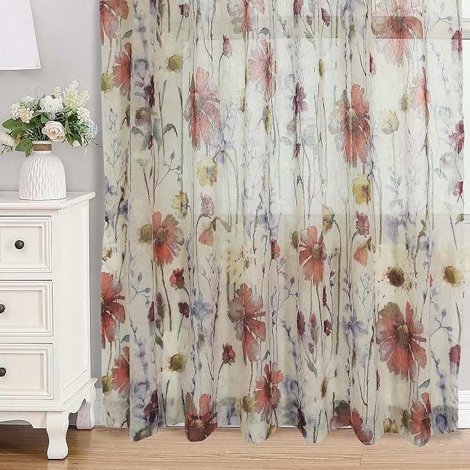 Crushed Sheer Curtains 63 Inches Length 2 Panels Set, Sheer Floral Curtians by OWENIE