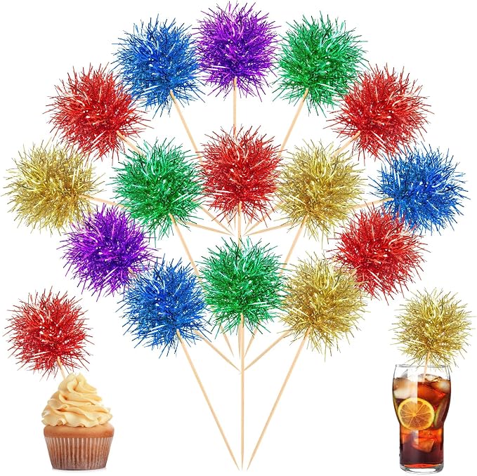 Chinco 100 Pcs Foil Firework Cupcake Toppers Sparkle Tinsel Cake Toppers Cake by Chinco