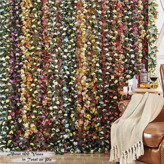 6 Pcs x 8.2 ft Flower Garland Artificial Rose Vine Flowers with Green Leaves Hanging Fake Roses Vine for Room Party Home Wedding Birthday Christmas Wall Arch Decor, Spring Magenta Flower