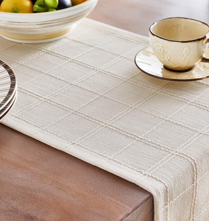Linen Checked Farmhouse Table Runner, 13x36 Inches Ivory | Raised Grid Design - Image 5