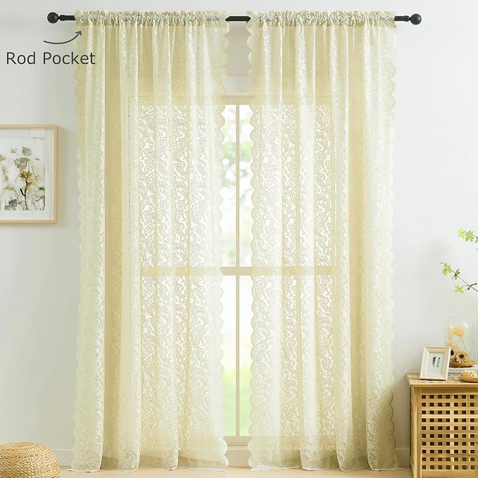 Bujasso Lace Sheer Curtains Ivory Rod Pocket 2 Panels 54" Wx84 L | Vintage - Image 6