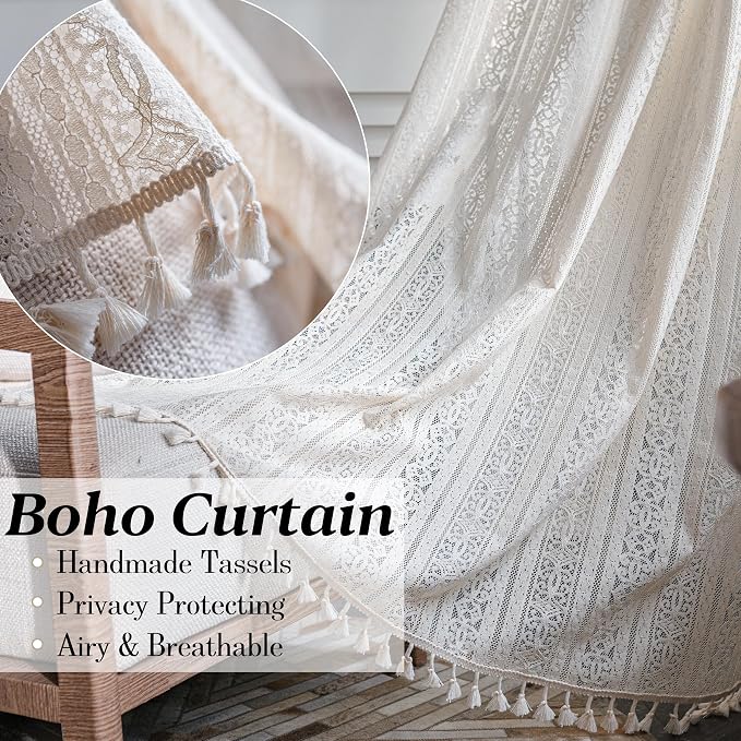 Sutuo Home Boho Curtain Crochet Lace Semi-Sheer Florals Hollow Knitted Handmade - Image 2