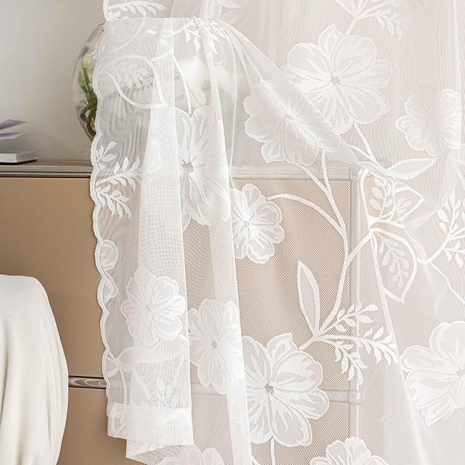 White Lace Sheer Curtains 63inch Rose Knitted Net Curtains - Image 3