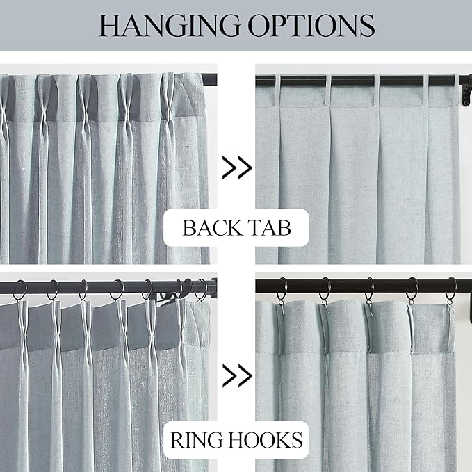 Vision Home Blue Fog Pinch Pleated Semi Sheer Curtains Textured Linen Blended Light Filtering Window Curtains 102 inch for Living Room Bedroom Pinch Pleat Drapes with Hooks 2 Panels 40" Wx102 L
