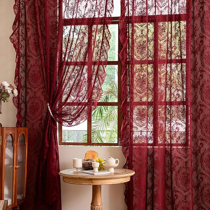 Deeprove Boho Lace Sheer Burgundy Curtains 84 Inches Long by Deeprove
