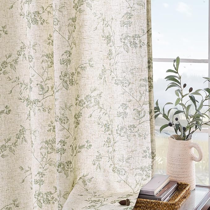 Green Vintage Floral Linen Curtains Farmhouse 38W X 90L 2 Panels | Elisa Series - Image 8