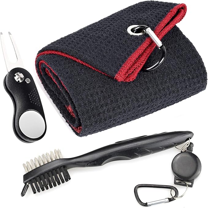 Mile High Life Microfiber Waffle Pattern Golf Towel | Club Groove Cleaner Brush | Foldable Divot Tool with Magnetic Ball Marker (Black w/red Towel/Brush/Curve Divot)
