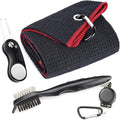 Mile High Life Microfiber Waffle Pattern Golf Towel | Club Groove Cleaner Brush | Foldable Divot Tool with Magnetic Ball Marker (Black w/red Towel/Brush/Curve Divot)