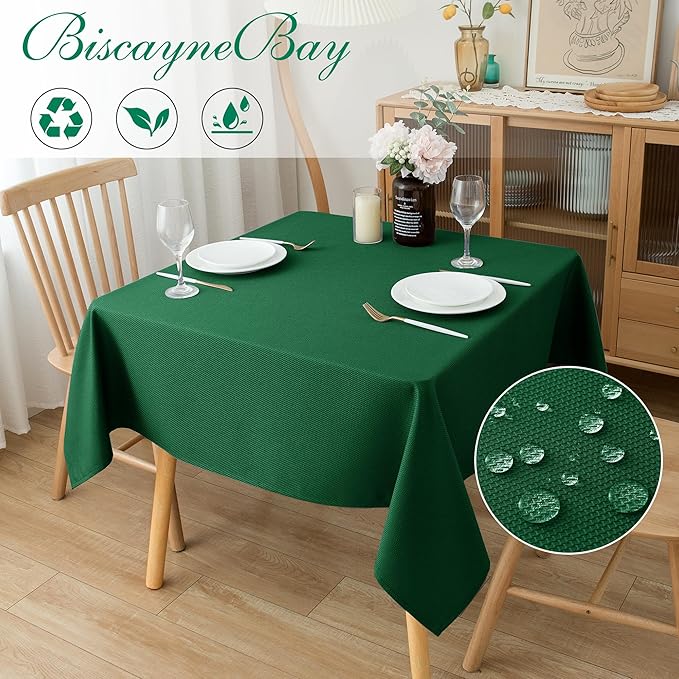 Biscaynebay Textured Fabric Christmas Square Table Cloth 90x90 Inch, Hunter Green Water Resistant Spill Proof Tablecloths for Dining, Kitchen, Wedding and Parties etc. Machine Washable