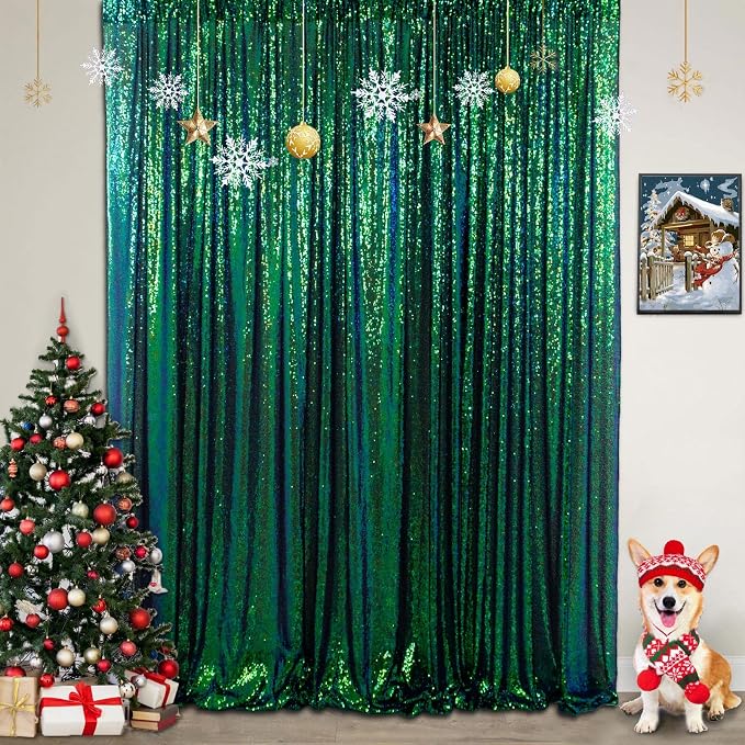 ShinyBeauty 5FT x 7FT Iridescent Green Sequin Backdrop Curtain | Sparkly Photo by ShinyBeauty