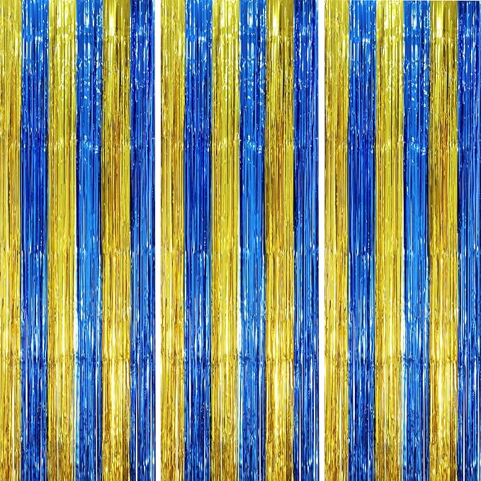 Voircoloria Blue Gold Foil Fringe Backdrop Curtains, 3 Pack | Tinsel Streamers by Voircoloria
