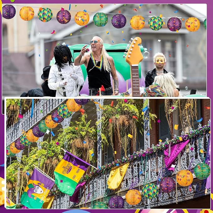 Panelee 12 Pcs Mardi Gras Party Decorations Paper Lanterns Carnival Yellow - Image 6