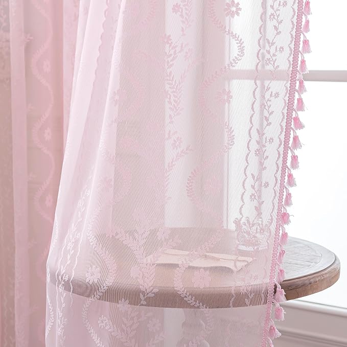 WAZZIO Boho Lace Curtains 84 Inch 2 Panels -Sheer Panel Drape Floral Pattern & - Image 7