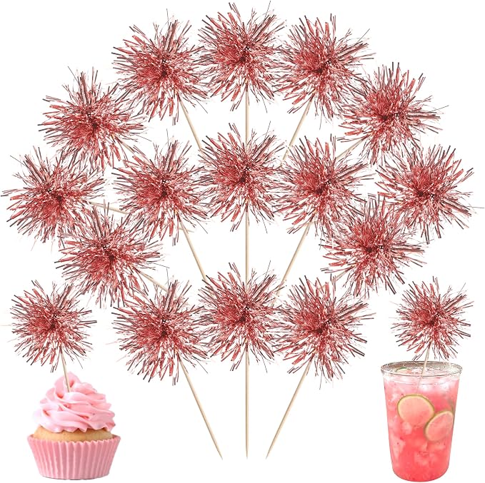 40 PCS Foil Firework Cupcake Toppers Rose Gold Sparkler Cupcake Picks Sparkle by ZHUOWEISM