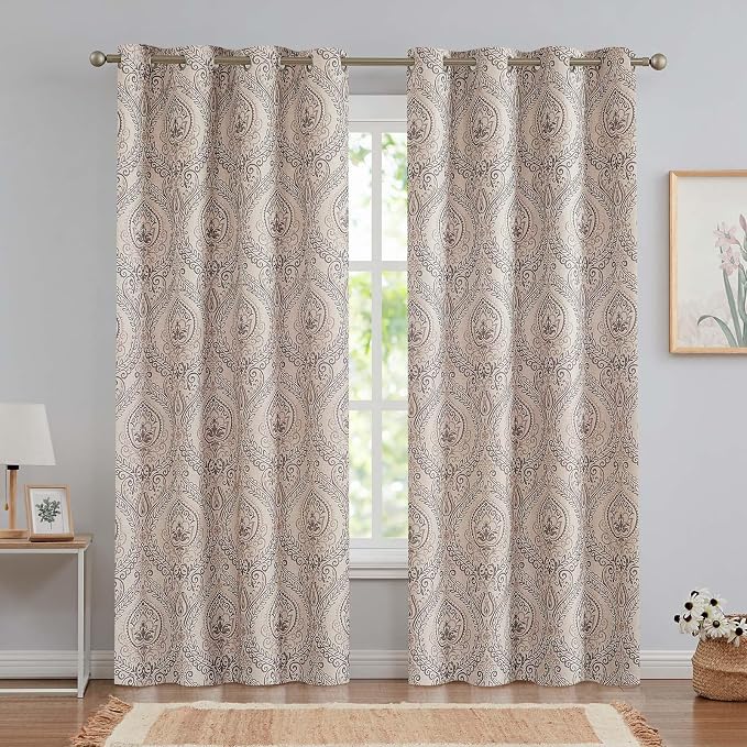 Grey Paisley Linen Textured Curtains 84 in Vintage Grommet 2 Panels | Room - Image 2