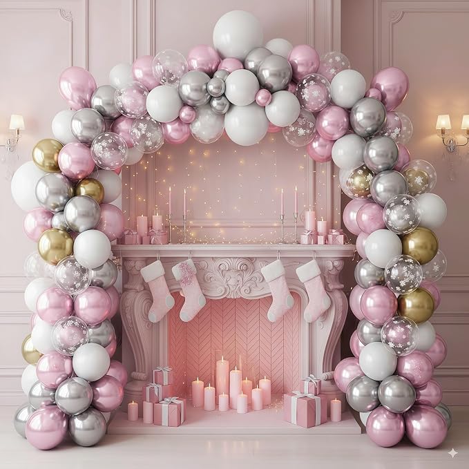 Pink White Winter Wonderland Snowflake Balloons Set, Metallic Light Pink Gold - Image 4