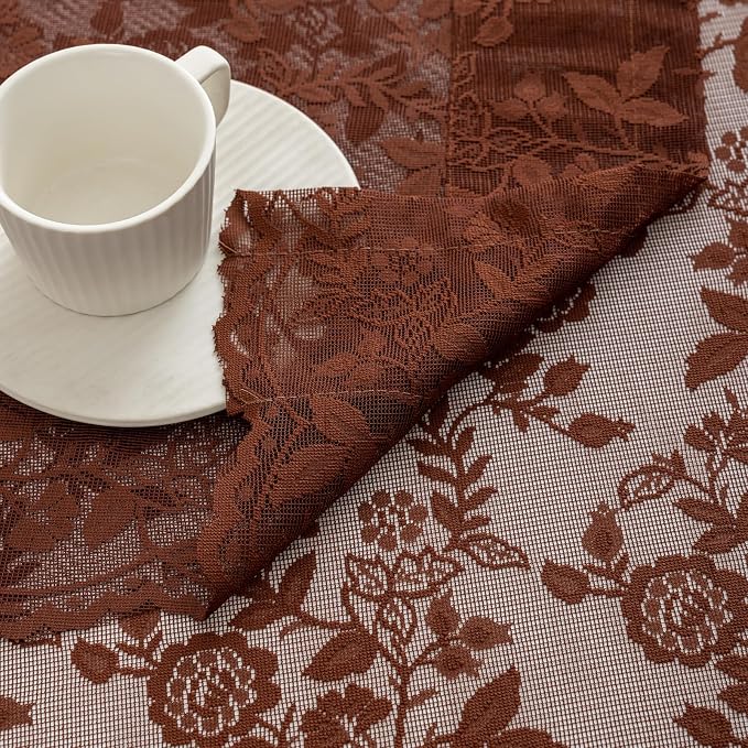 FINECITY Chestnut Brown Sheer Curtains Leaf Floral W42 x L36 Inch, 2 Panels | - Image 8