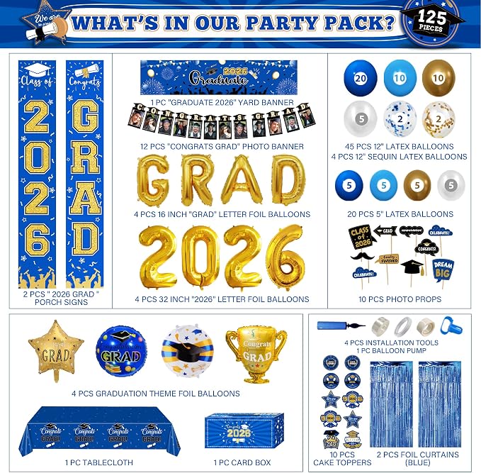 125 PCS Blue and Gold Graduation Party Decorations, 2026 Graduation Decorations - Image 2