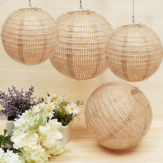 24 Pcs Print Burlap Paper Lanterns Round Chinese Paper Lanterns Farmhouse Boho - Image 4