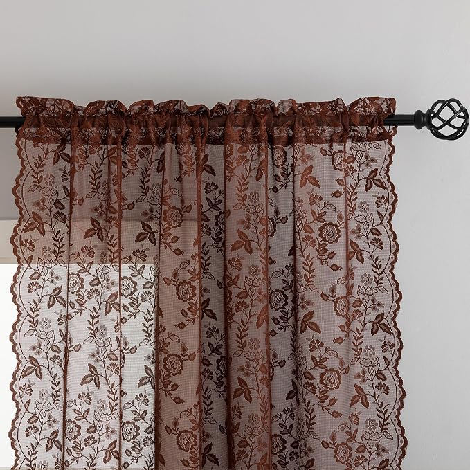 Chestnut Brown Sheer Curtains for Bedroom Rustic Floral 42x63 Inch 2-Panel | - Image 3
