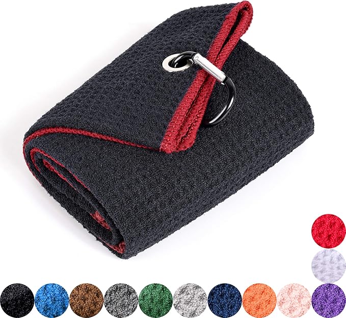 Mile High Life Microfiber Waffle Pattern Golf Towel | Club Groove Cleaner Brush | Foldable Divot Tool with Magnetic Ball Marker (Black w/red Towel/Brush/Fish Divot)