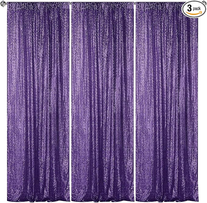 Sugargirl Purple Sequin Backdrop Curtain 3 Panels 2FTx8FT Glitter Purple by Sugargirl