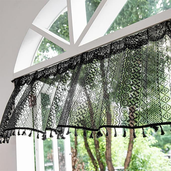 Sutuo Home Black Boho Valance Curtains Crochet Lace Sheer Bohemian Hollow - Image 7