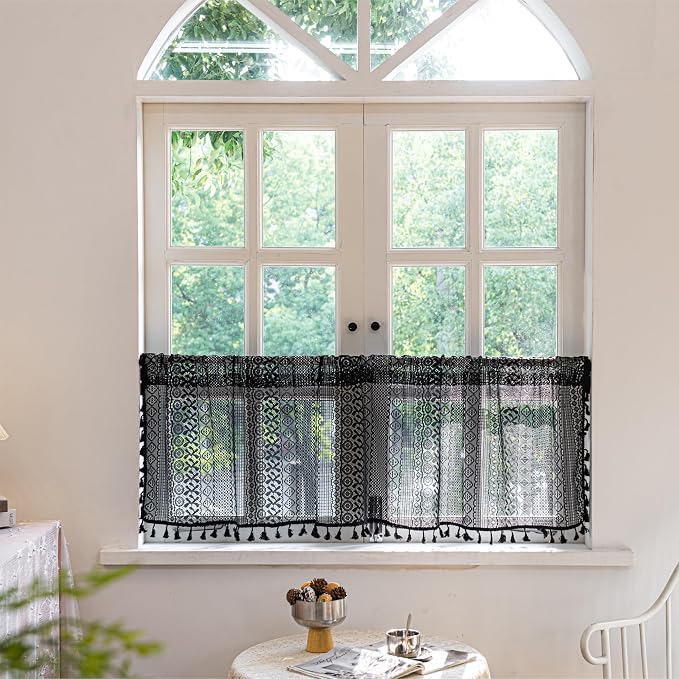 Sutuo Home Black Boho Valance Curtains Crochet Lace Sheer Bohemian Hollow - Image 6