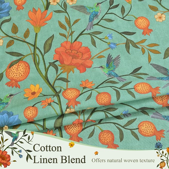 Green Boho Floral Linen Curtains Whimsical Semi Sheer Botanical Bird Block - Image 5