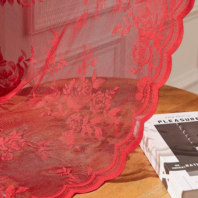 Red Lace Curtains 45 Inch Length 2 Panels Set Romantic Country Flower Curtains - Image 6